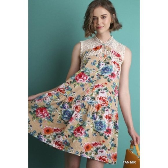 Umgee | Sleeveless Floral Print High Neck Dress Crochet Yoke Ruffle Hem Brunch - Picture 3 of 15